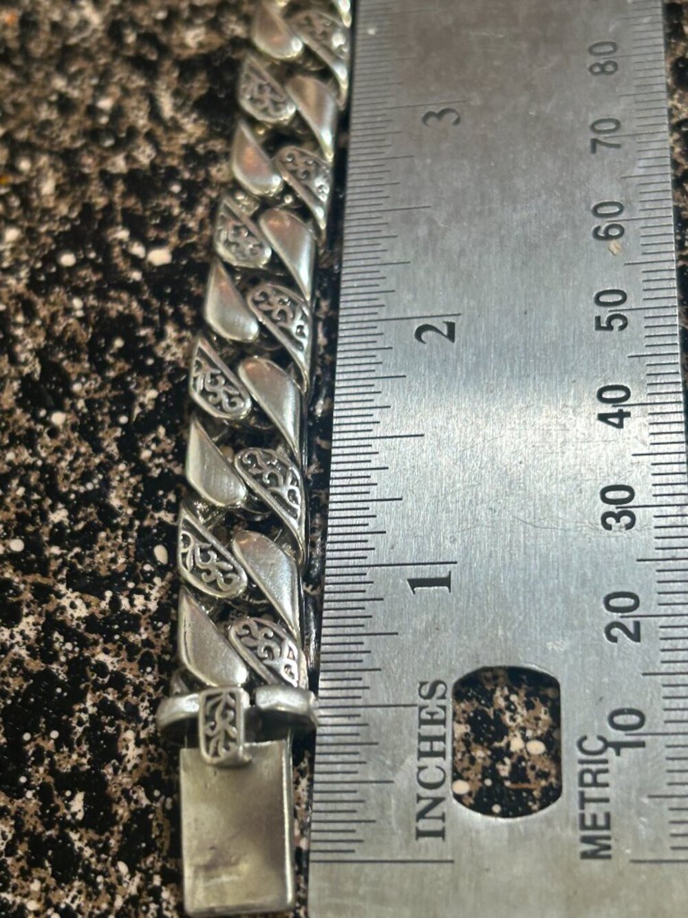 Sterling Silver Vintage Floral Carved Cuban Curb Chain Bracelet - Picture 6 of 8